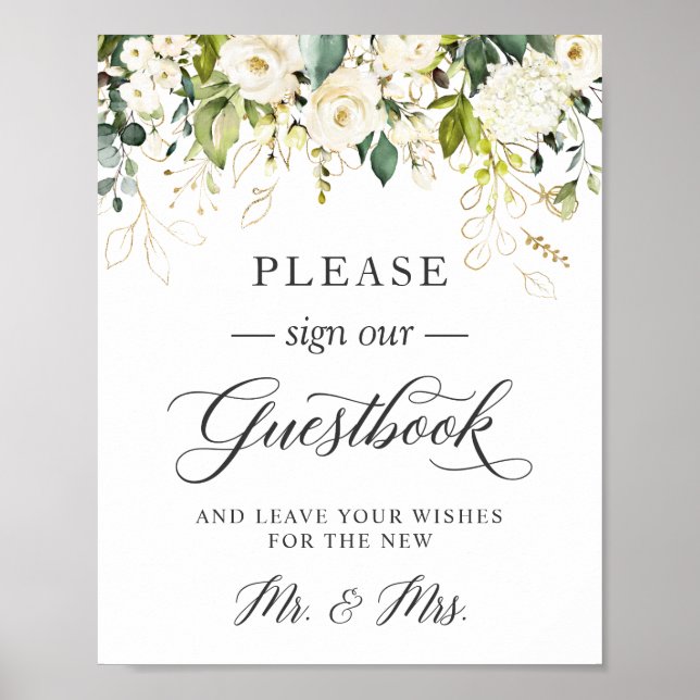 Please Sign Our Guestbook White Roses Floral (Front)