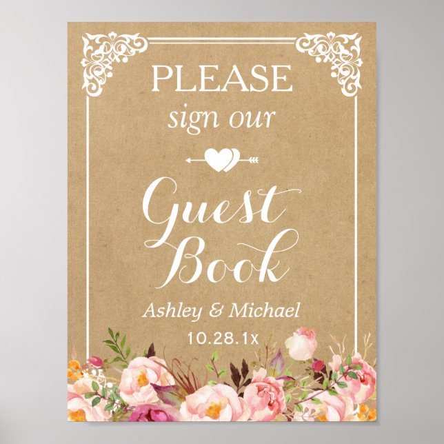 Please Sign Our Wedding Guestbook - Floral Kraft (Front)