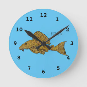 Pleco fish cartoon illustration round clock