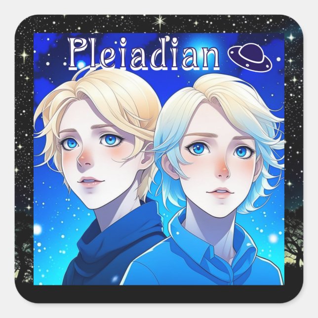 Pleiadian Alien Race with Stars and UFOs Square Sticker (Front)
