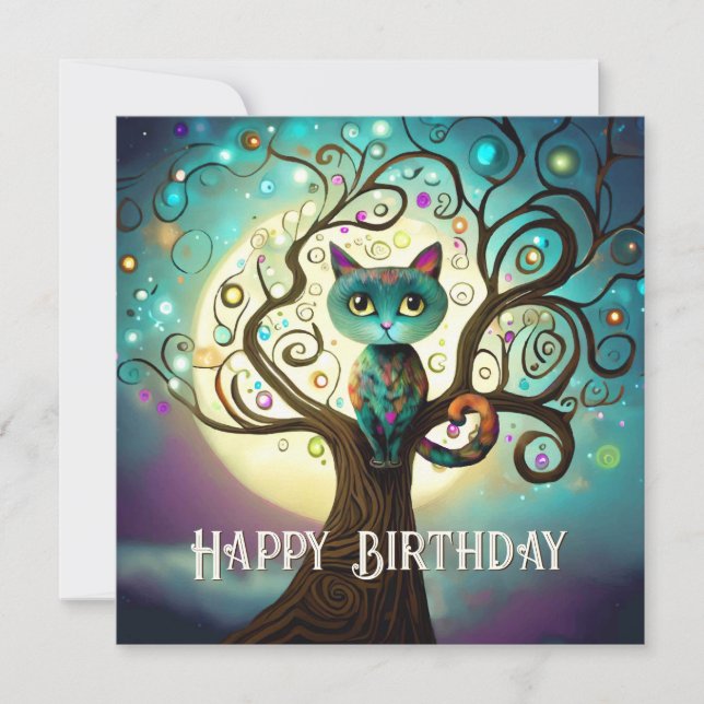 Pleine lune Whimsal Chat Artwork Carte Plat Annive (Devant)