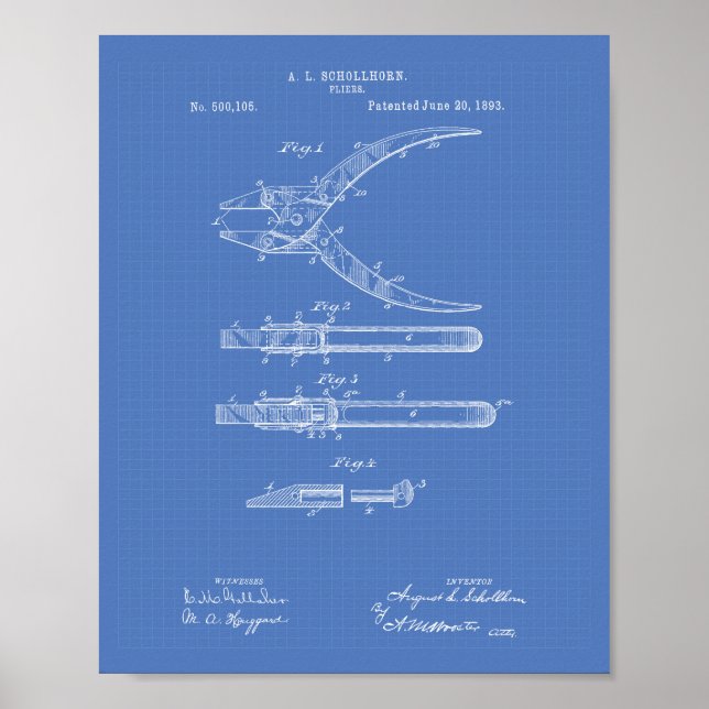 Pliers 1893 Patent Art Blueprint Poster (Front)