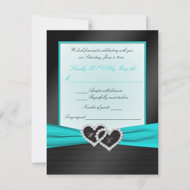 Plis de satin noir FAUX Monogramme avec Aqua RSVP (Devant)