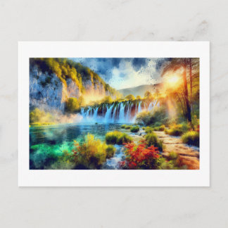 Plitvice Waterfall at Sunset,  Postcard