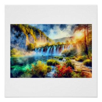 Plitvice Waterfalls at Sunset,  Poster