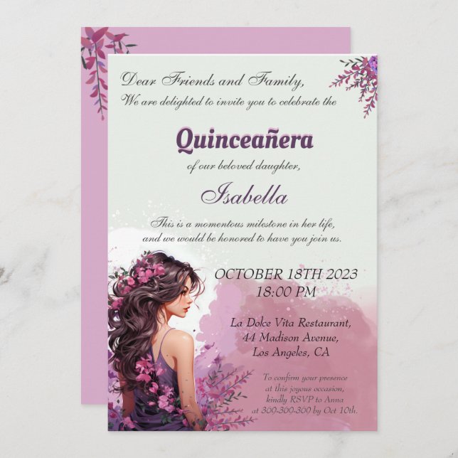Plorale pourpre Chic Quinceanera Invitation (Devant / Derrière)