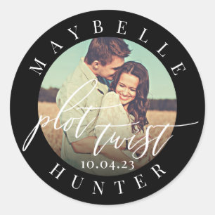 Plot Twist Calligraphy Photo Black Save The Date Classic Round Sticker