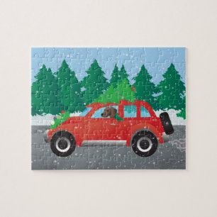 Plott Hound Dog Driving Christmas Car Jigsaw Puzzle