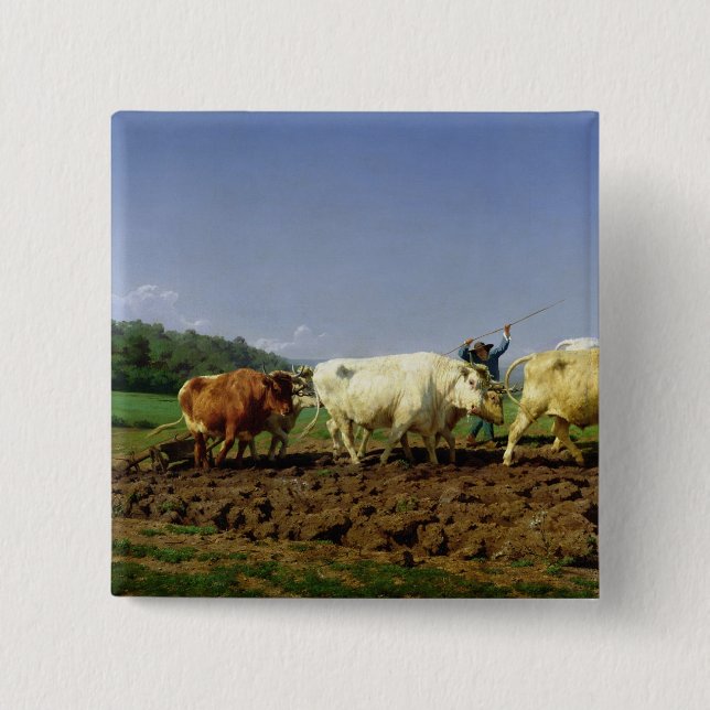 Ploughing in Nivernais, 1849 2 Inch Square Button (Front)