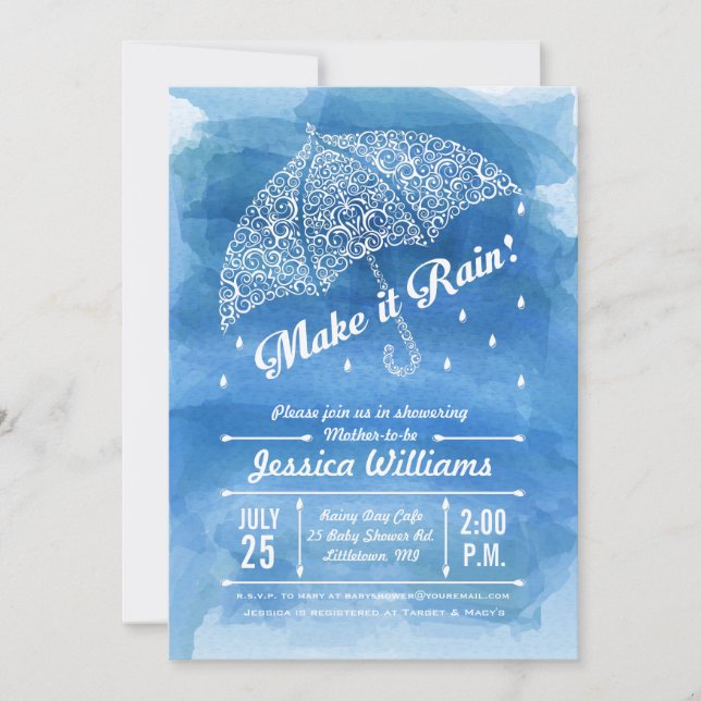 Pluie Aquarelle Douche Invitation Bleu (Devant)