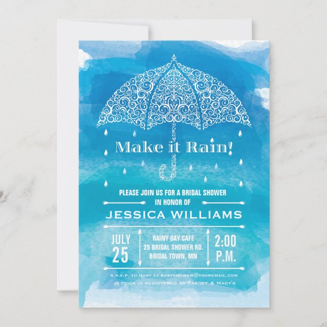 Pluie Aquarelle Douche Invitation Bleu (Devant)