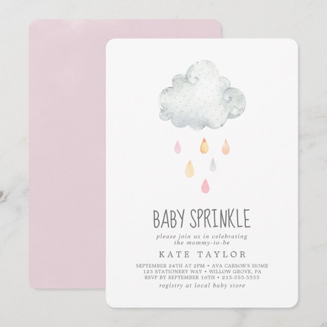 Pluie Cloud Girl Baby Sprinkl Invitation (Devant / Derrière)