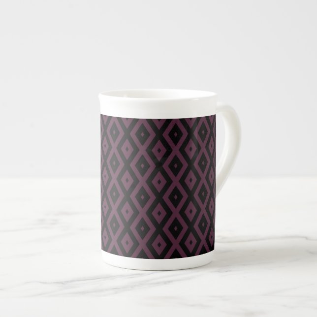 Plum and black diamond pattern bone china mug (Front Right)