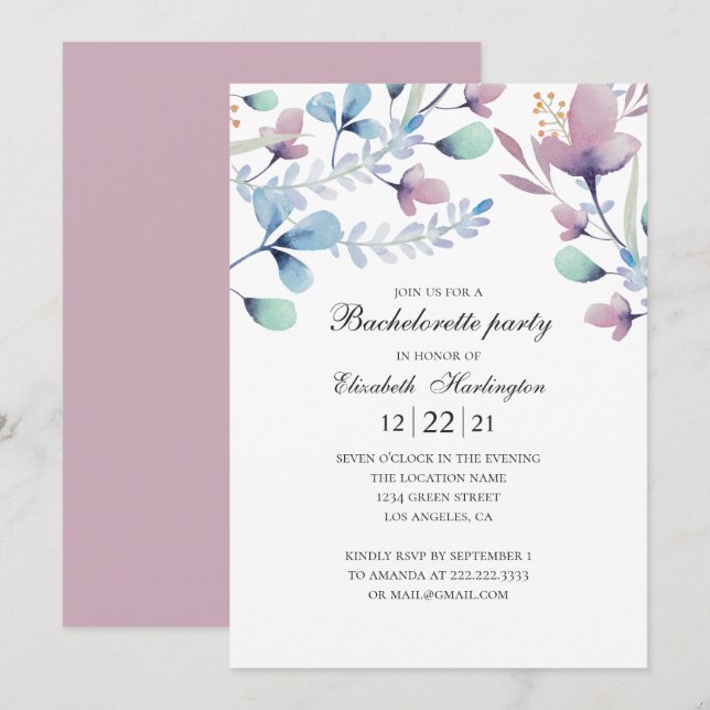 Plum and blue flowers. Floral bachelorette party Invitation (Front/Back)