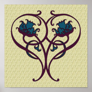 Plum And Blue Ornate Floral Design Art  Poster