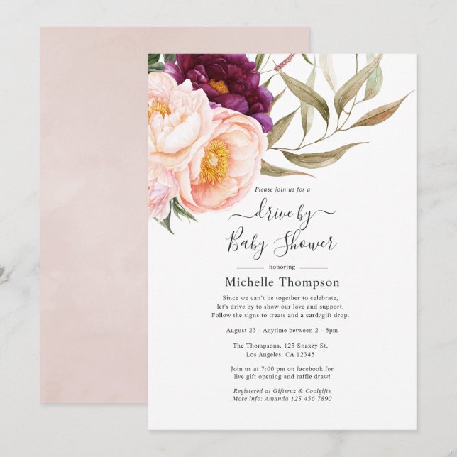 Plum and Blush Floral Drive By Shower Invitation (Front/Back)