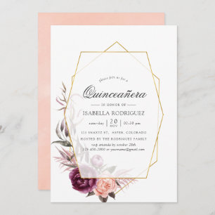 Plum and Blush Floral Geometric Quinceañera Invitation