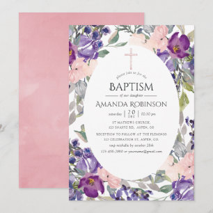 Plum and Blush Pink Floral Baptism or Christening Invitation