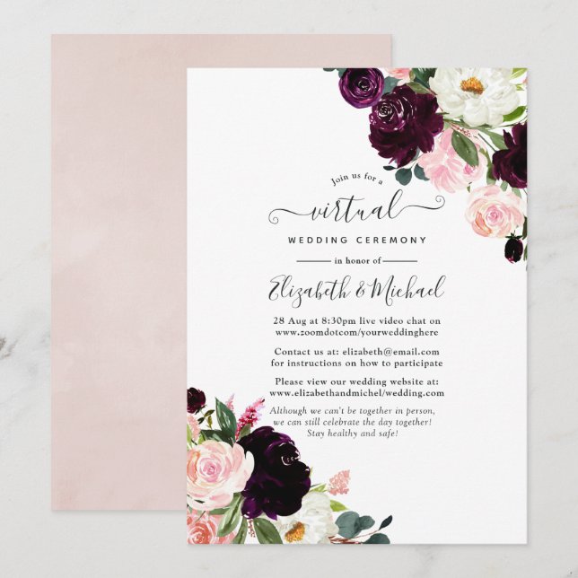 Plum and Blush Pink Online Virtual Wedding Invitation (Front/Back)