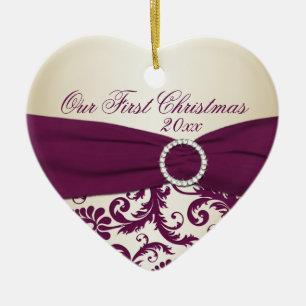 Plum and Champagne Damask First Christmas Ornament