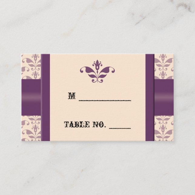 Plum and Champagne Damask Wedding Place Cards (Front)