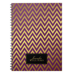 Plum and Faux Gold Chevron Stripes Personalized Notebook