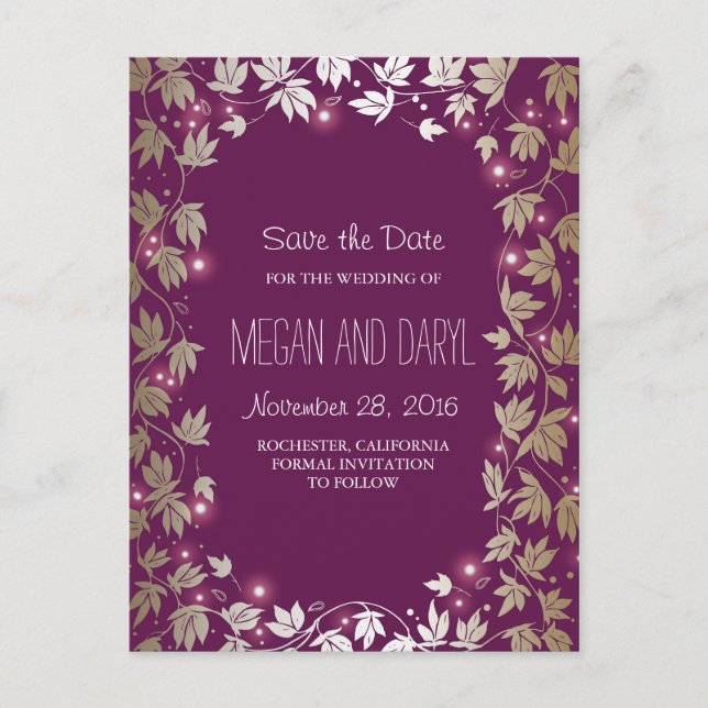 Plum and Gold Garden Branches Save the Date Announcement Postcard (Front)