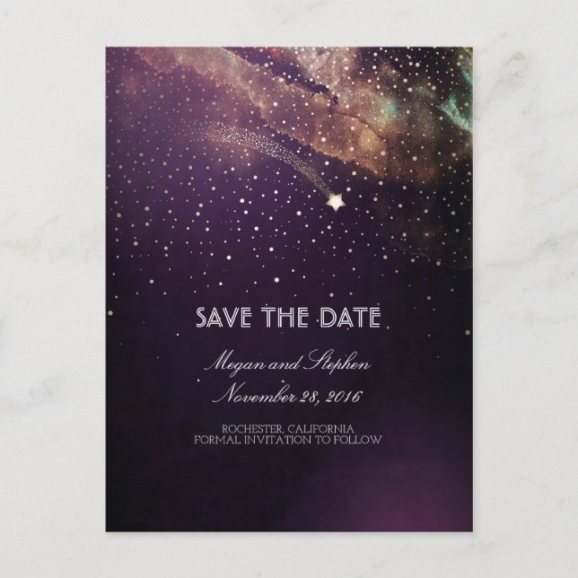 Plum and Gold Shooting Star Night Save The Date Announcement Postcard (Front)