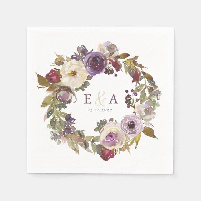 Plum and Ivory Floral Watercolor Wedding Napkins (Front)