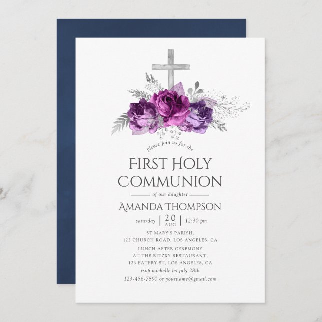Plum and Navy Floral First Holy Communion Invitation (Front/Back)