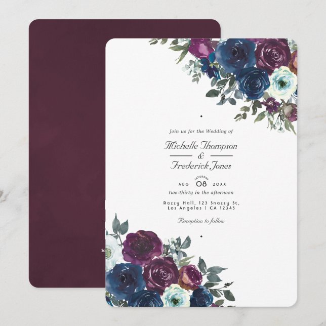 Plum and Navy Floral QR Code RSVP Wedding Invitation (Front/Back)