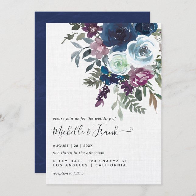 Plum and Navy Floral Wedding Invitation (Front/Back)