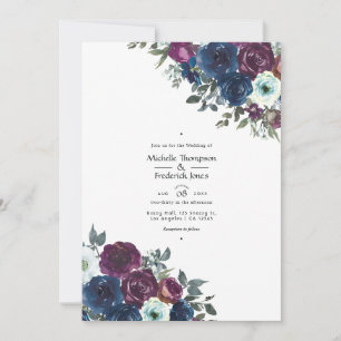 Plum and Navy Floral Wedding Photo Invitation