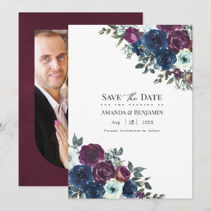 Plum and Navy Floral Wedding Photo Save The Date