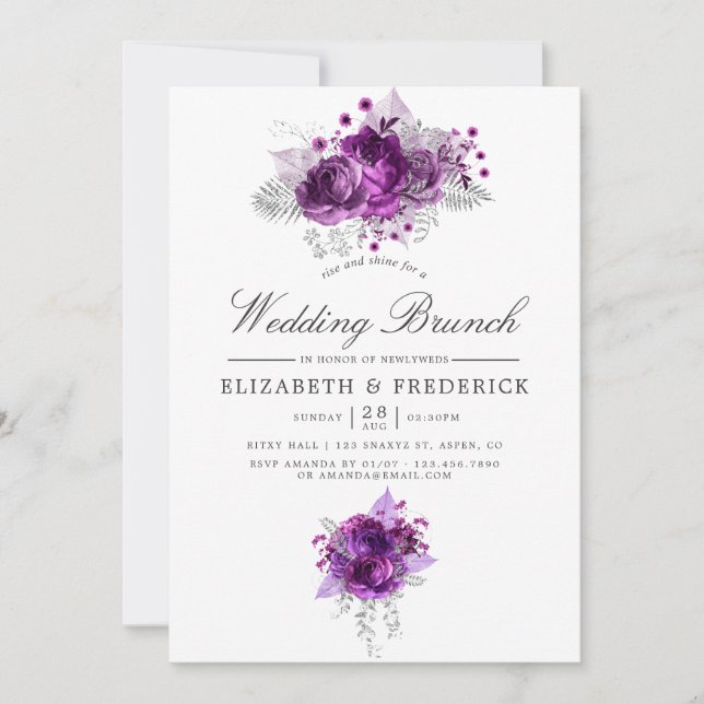 Plum and Navy Watercolor Floral Wedding Brunch Announcement (Front)