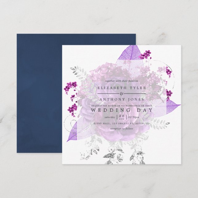 Plum and Navy Watercolor Floral Wedding Invitation (Front/Back)