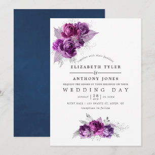Plum and Navy Watercolor Floral Wedding Invitation
