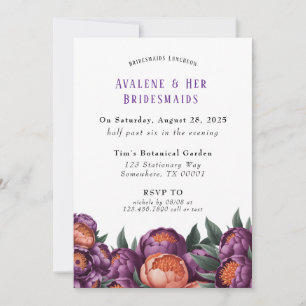Plum and Orange Paint Peony Bridesmaids Luncheon Invitation
