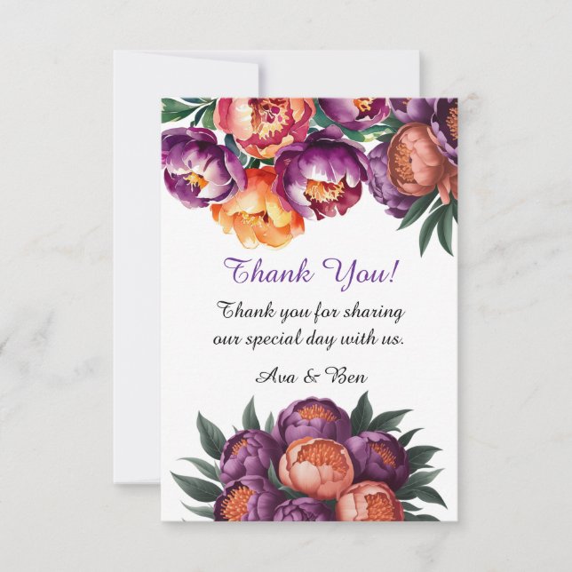 Plum and Orange Paint Peony Wedding Thank You Card (Front)