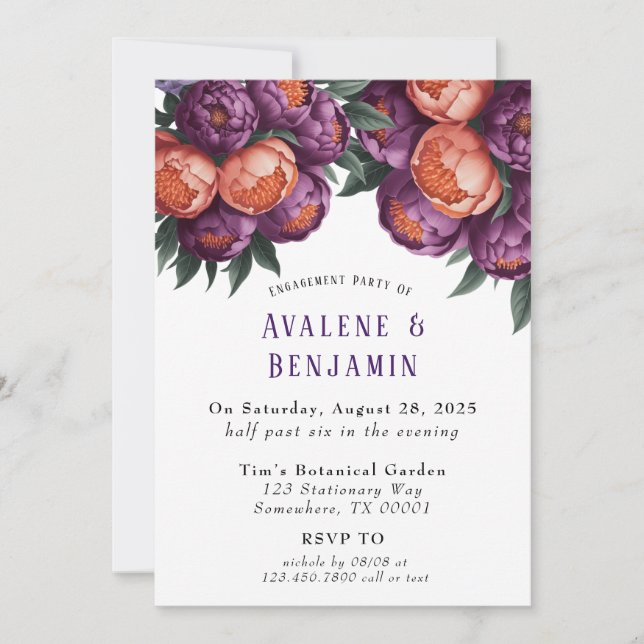 Plum and Orange Painted Peony Engagement Party Invitation (Front)