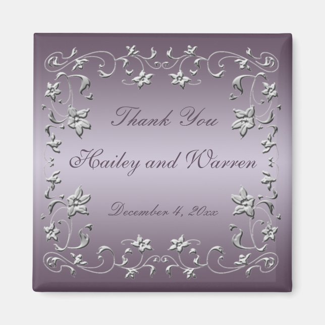 Plum and Pewter Floral Wedding Favour Magnet (Front)