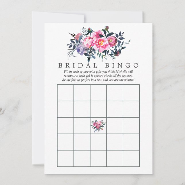 Plum and Pink Watercolor Floral Bridal Bingo (Front)