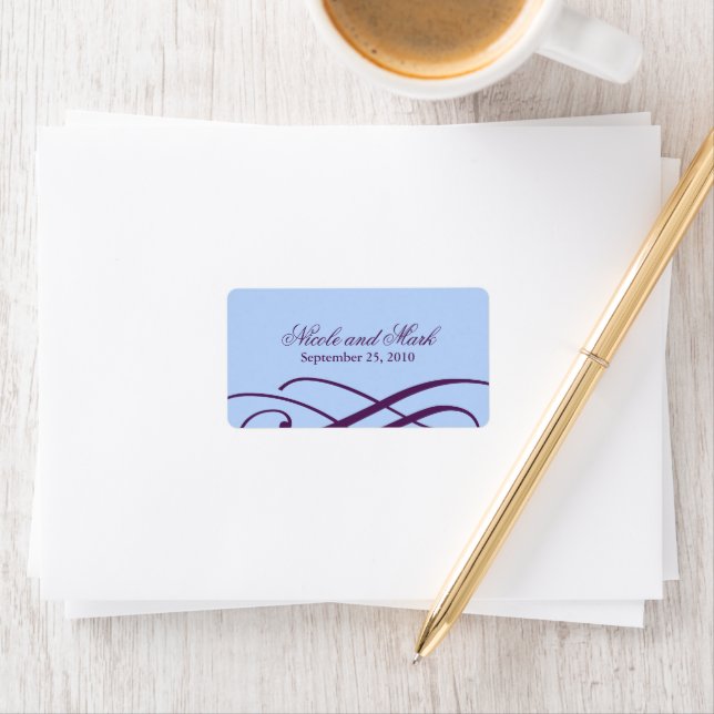Plum and Powder Blue Wedding Favour Labels (Insitu)
