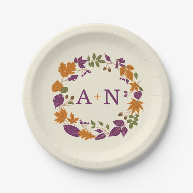 Plum and Pumpkin Fall Wreath Wedding Plates (Front)