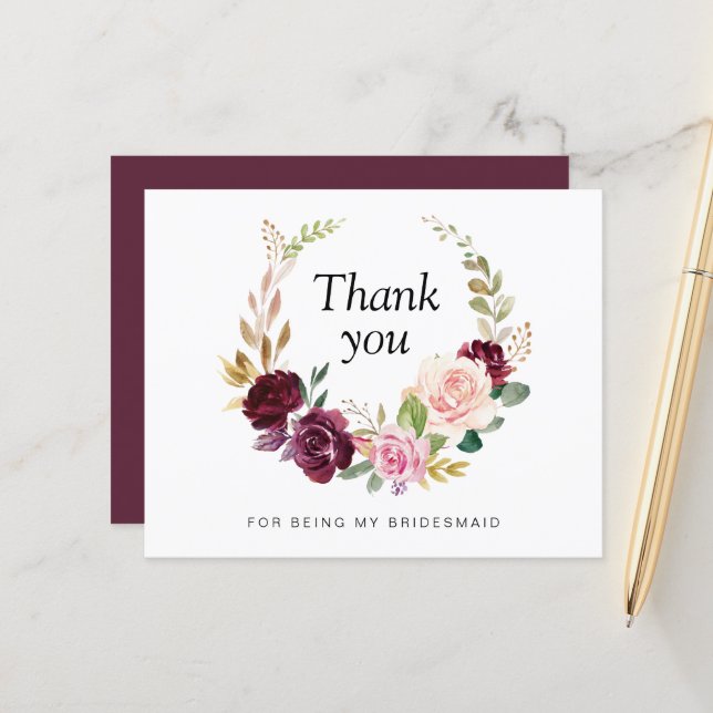 Plum and purple floral Bridesmaid Thank you card (Front/Back In Situ)