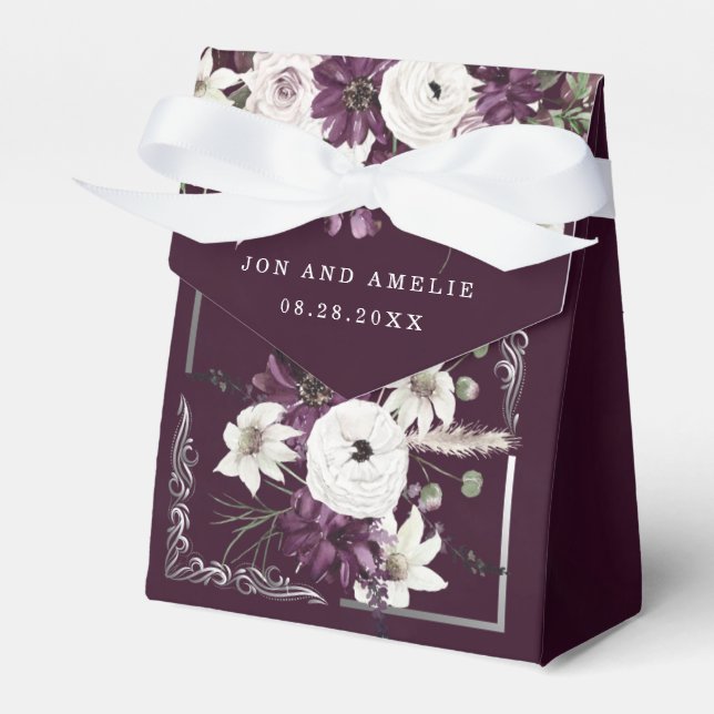 Plum and Silver Geometric Floral Wedding Favor Box (Front Side)