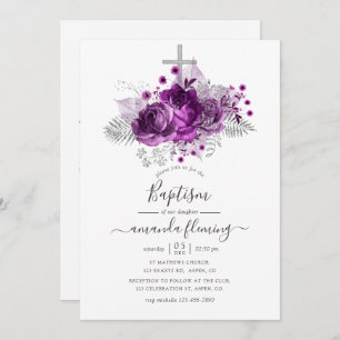 Plum and Silver Watercolor Floral Baptism Invitation