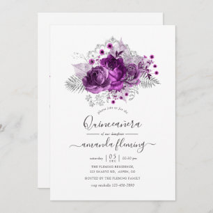 Plum and Silver Watercolor Quinceañera Invitation