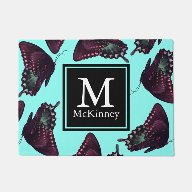 Plum and Teal Butterflies Personalized Doormat (Front)