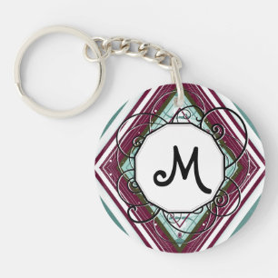 Plum and Teal Diamond Modern-Retro with Monogram Keychain